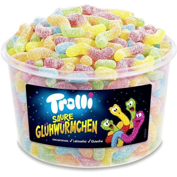 Trolli Fruchtgummis Saure Glühwürmchen, 1050g, In Dose 1 Trolli Fruchtgummis Saure Glühwürmchen, 1050g, In Dose