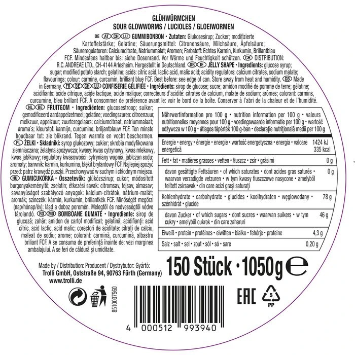 Trolli Fruchtgummis Saure Glühwürmchen, 1050g, In Dose 3 Trolli Fruchtgummis Saure Glühwürmchen, 1050g, In Dose – Bild 3