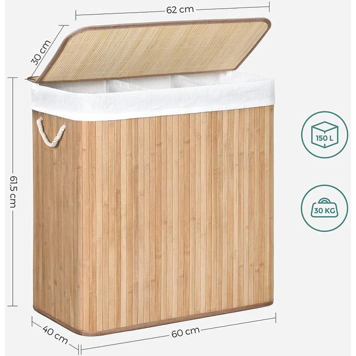 Songmics Wäschekorb LCB091N01 Braun, Mit 3 Fächern, Aus Bambus, Faltbar, 60 X 61,5 X 40 Cm, 150 Liter 3 Songmics Wäschekorb LCB091N01 Braun, Mit 3 Fächern, Aus Bambus, Faltbar, 60 X 61,5 X 40 Cm, 150 Liter – Bild 3