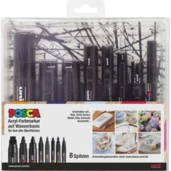 Posca Acrylmarker 186804, Schwarz, Pigmentmarker, Spitzenset, 8 Stück